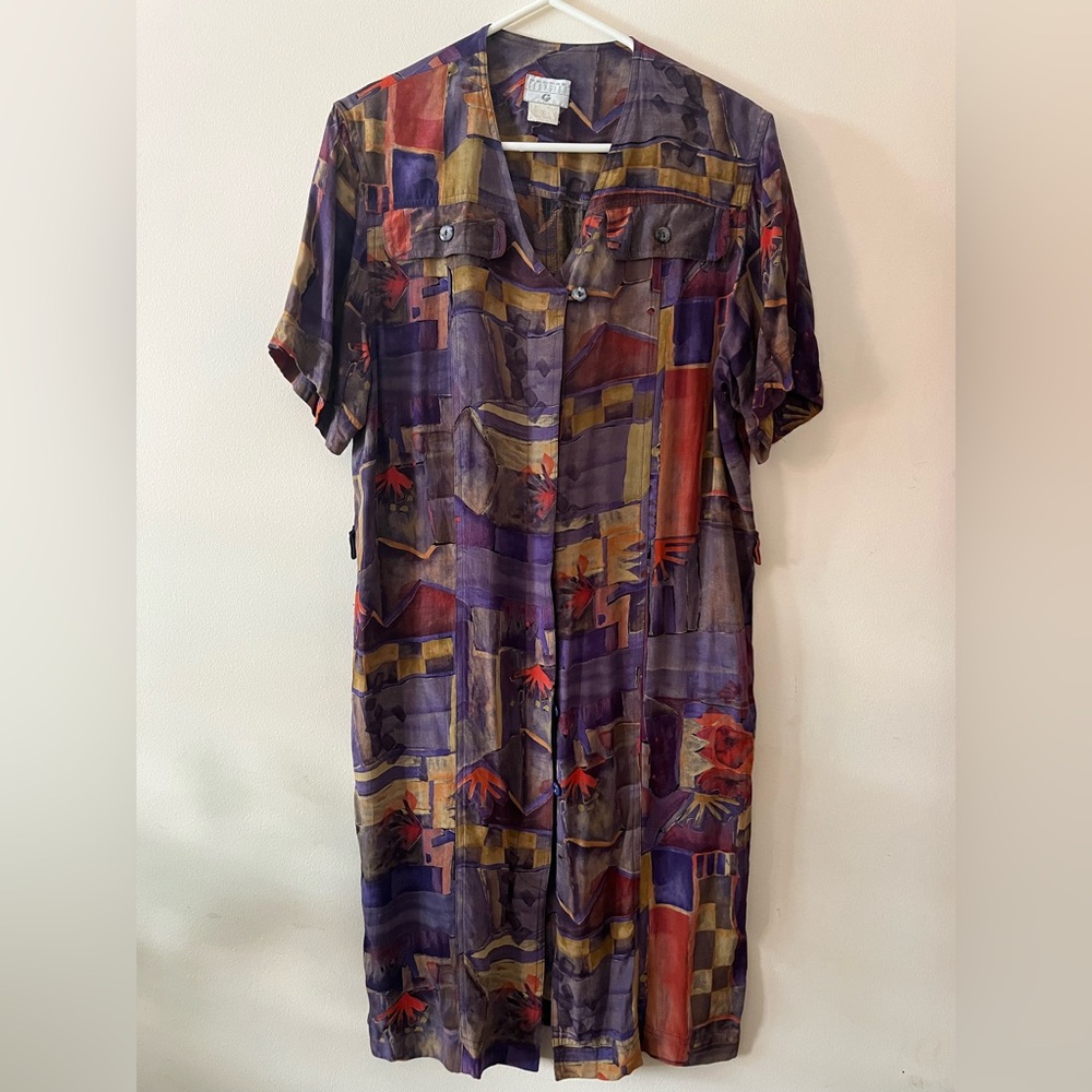 Abstract purple summer button down midi dress